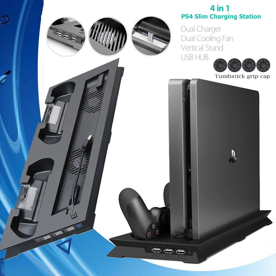 PS4 Pro Console Vertical Stand 2 Controller Charger Charging Dock 2 Cooling Fan for Playstation 4 Cooler PS 4 Accessory