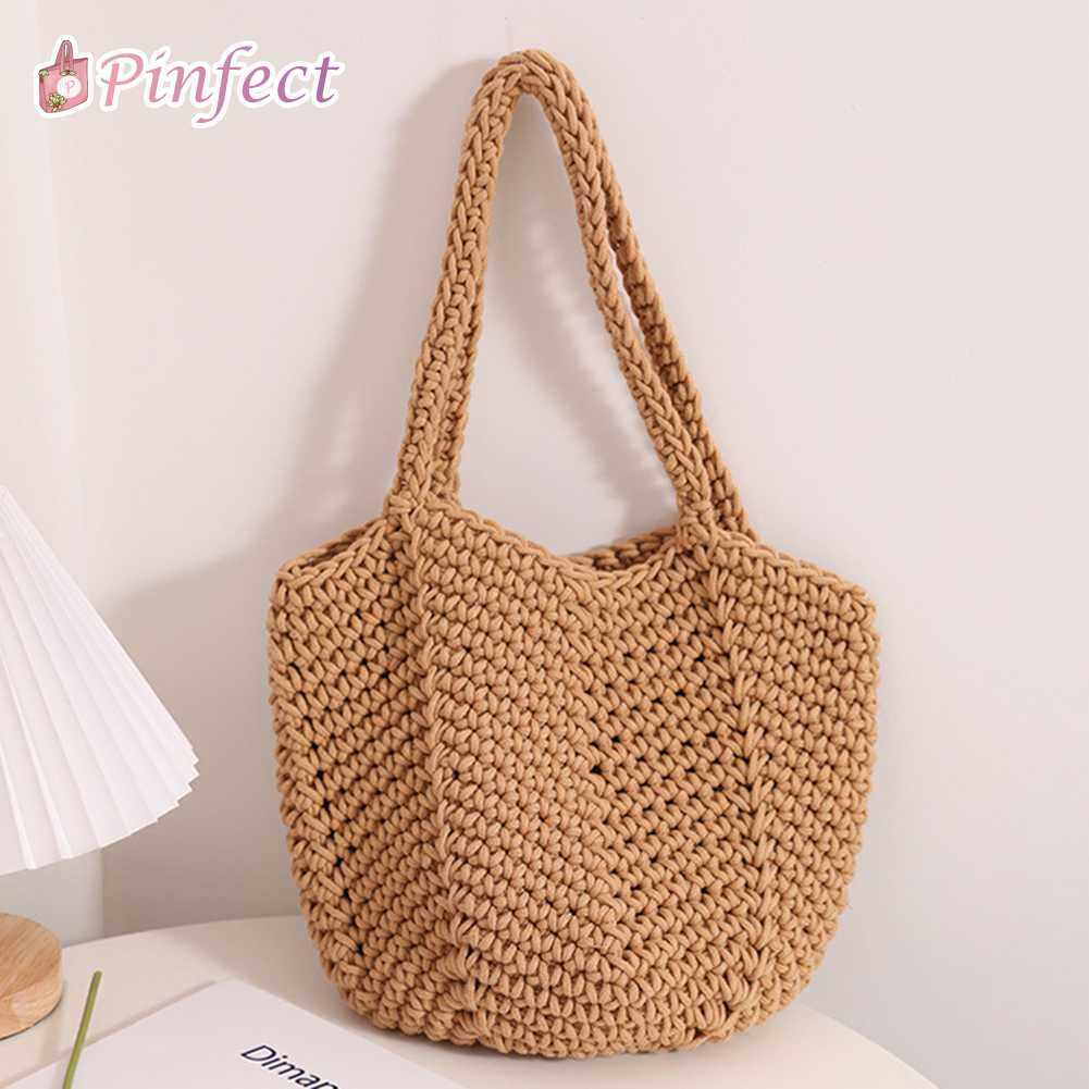 Pinfect Fashion Retro Weaving Shoulder Bag Women Woven Beach Bag Casual Summer Bag Knitting Handbags Korean Style Vacation Tote Bag