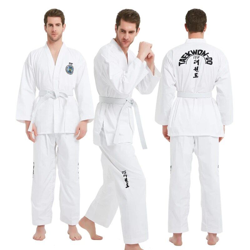 ITF Taekwondo Trọng lượng siêu nhẹ mới bắt đầu máy bay chiến đấu bộ đồng phục gi đào tạo dobok đồng phục hoa văn thêu
