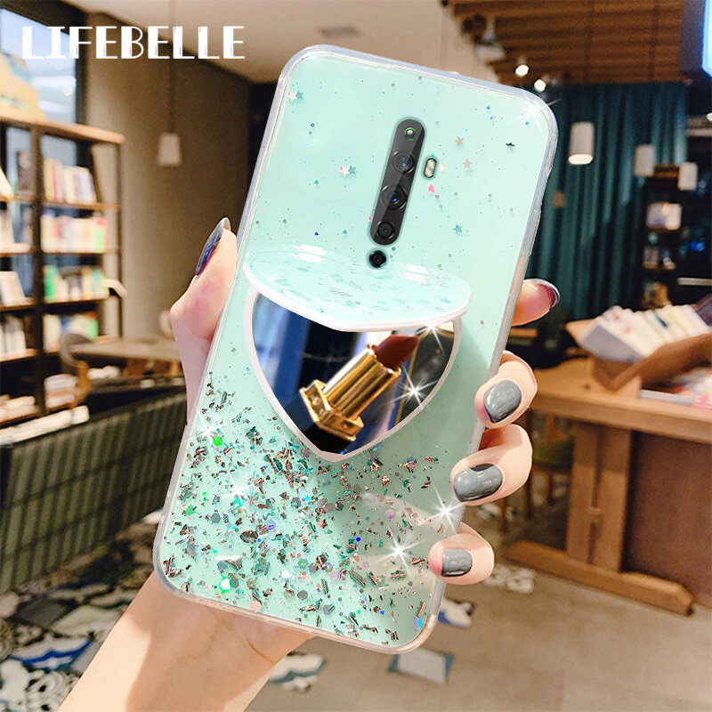 LIFEBELLE For OPPO Reno 2F / Reno 2 Case with Make-up Mirror Stand Holder Women Fashion Bling Glitter Foil Heart Mirror Phone Case Flexible Soft TPU Bumper Protective Casing Back Cover for OPPO Reno2 F Reno2
