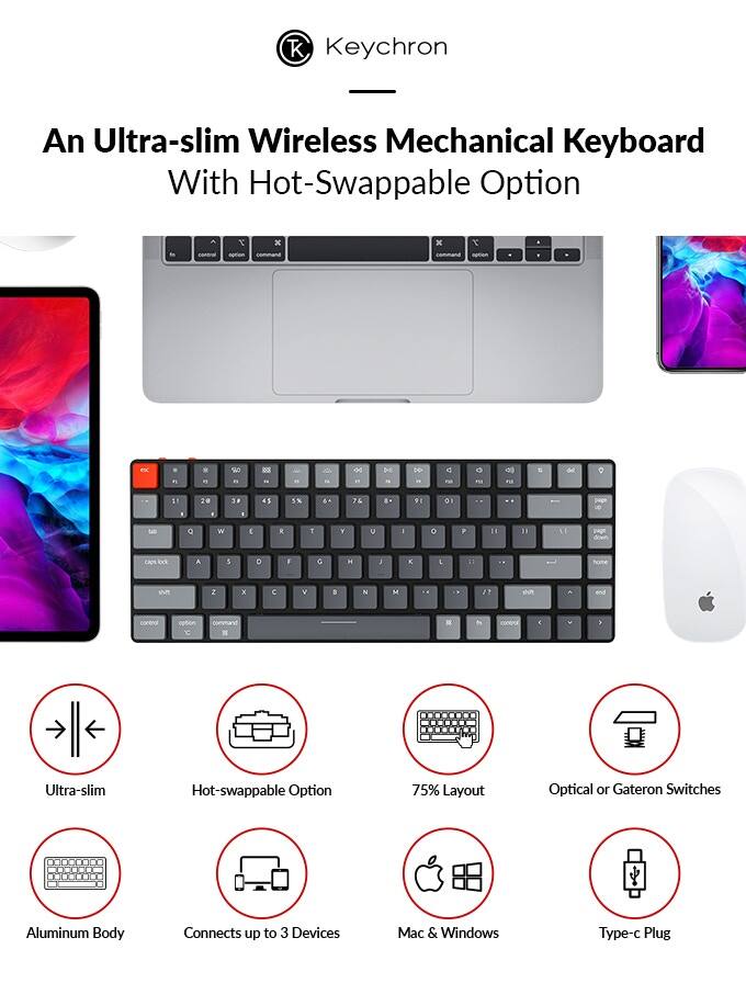 Keychron Bàn Phím Cơ Cấu Thấp Không Dây Siêu Mỏng K3 Công Tắc Quang Học Có Thể Thay Thế Nóng Đèn Nền Màu Trắng Cho Mac Windows