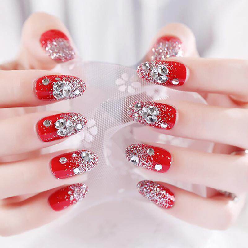 24Pcs Red Vòng Móng Tay Giả Acrylic UV Gel Đầy Đủ Pháp Móng Tay Giả Nghệ Thuật Mẹo Công Cụ