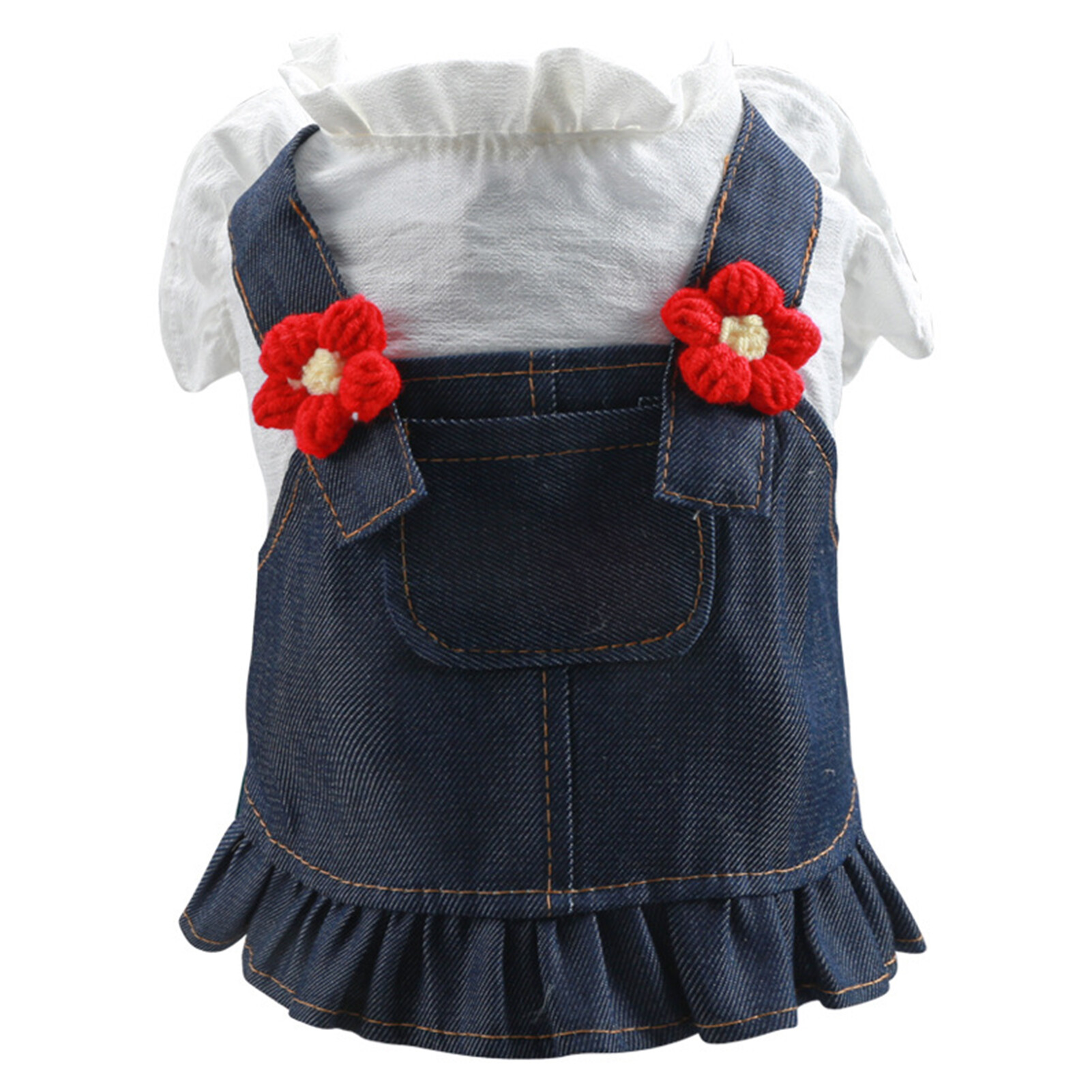 Wonderful Pet Pet Denim Dress Comfortable Soft Stand-up Collar Flower Decor Ruffle Hem Pet Dog Cat Summer Dress Daily Wear Cat Dress Stand-up