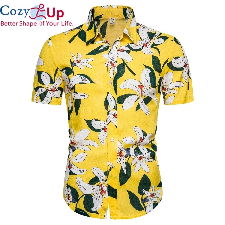 Cozy Up Fashion Men's Shirt Basic Short Sleeve Hawaiian Cotton Yellow Floral Batik Fit Casual