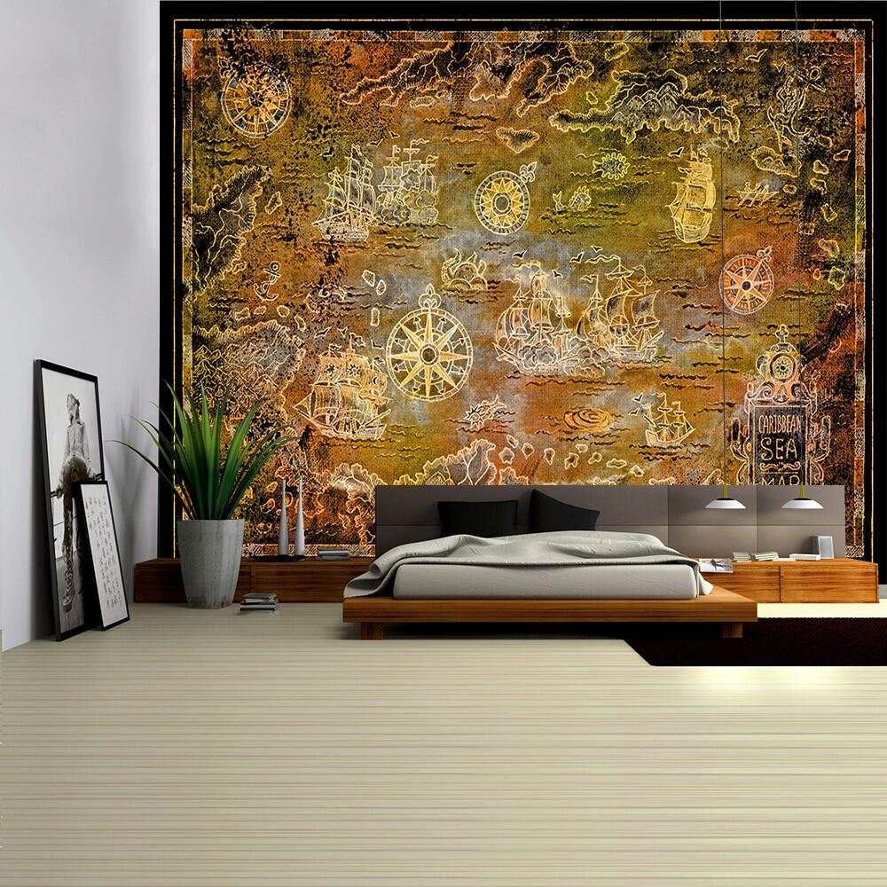 Nautical Chart Tapestry Pirate Treasure Map Hanging Decor Watercolor Map Letter Polyester Table Cover Yoga Beach towel