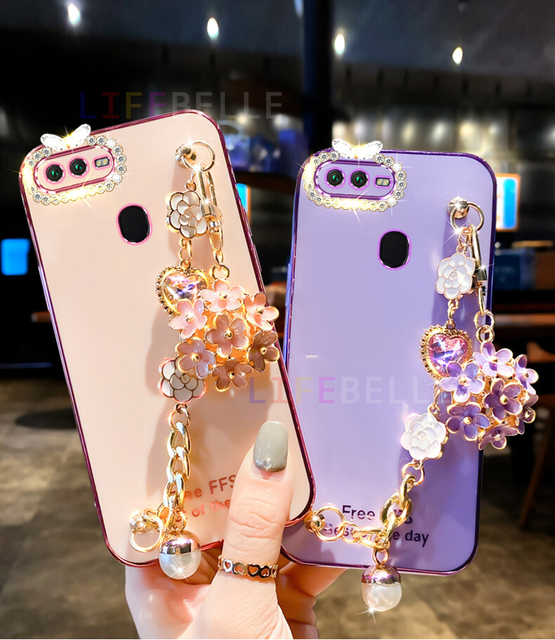 LIFEBELLE Ốp Lưng Cho OPPO A12 A11K A7 A91 A92 A74 A95 A94 A96 A16 A15 A53 A73 A77 A57 A17 Ốp Lưng Điện Thoại Nữ Mạ Sáng Bóng Dây Đeo Cổ Tay Hoa & Kim Cương Giả Ốp Lưng Bảo Vệ Chống Sốc Silicon TPU Mềm