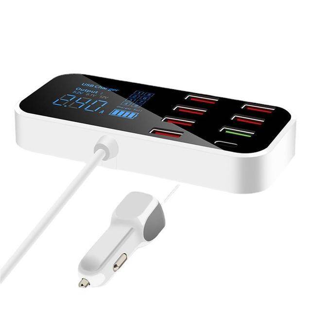 Portable smart 8 ports usb car charger qc3.0 pd fast charging mobile phone charger 40w 8a multi usb socket with led display