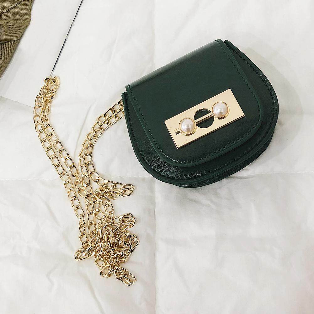 [Pinfect] Fashion Pearl Decor Mini Kids Girls Shoulder Messenger Handbags Casual Women Semicircle Money Packs PU Leather Chain Crossbody Saddle Bags