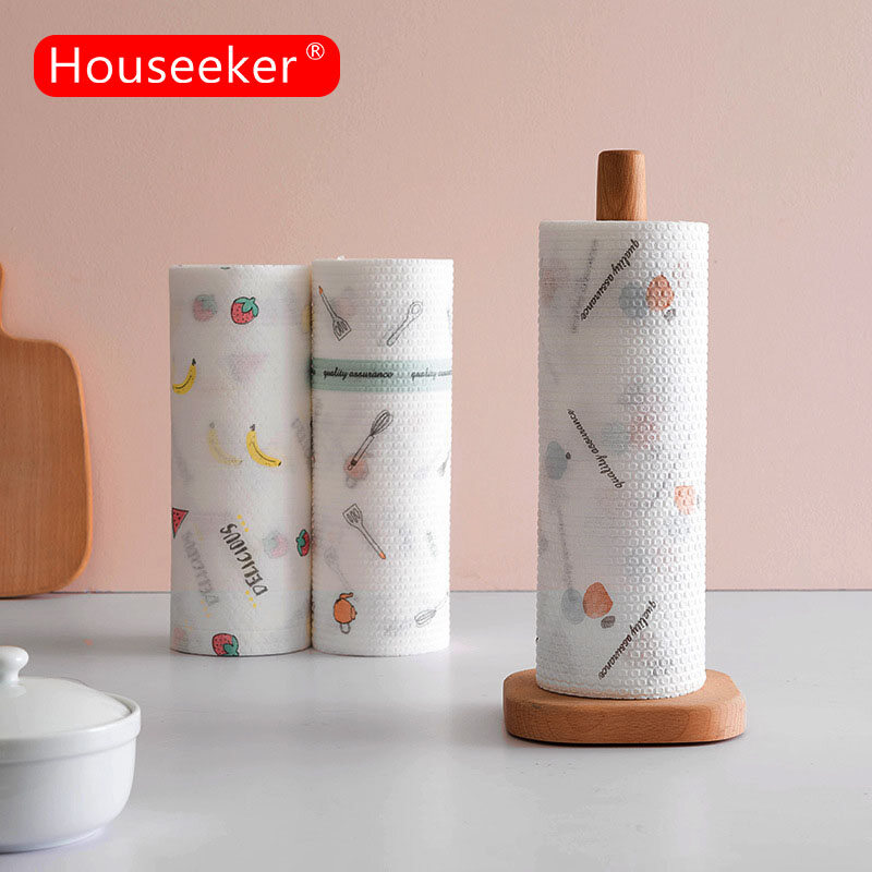 Houseeker 50pcs 1 Roll Washing Dish Towel Kitchen Washable Cleaning Dish Cloth Cartoon Print Kitchen Towel