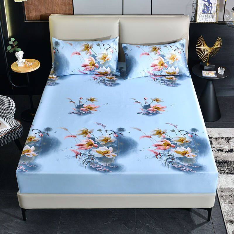 One Piece Ice Silk Fitted Sheet Washable Summer Bed Sheet Double Bed Cover