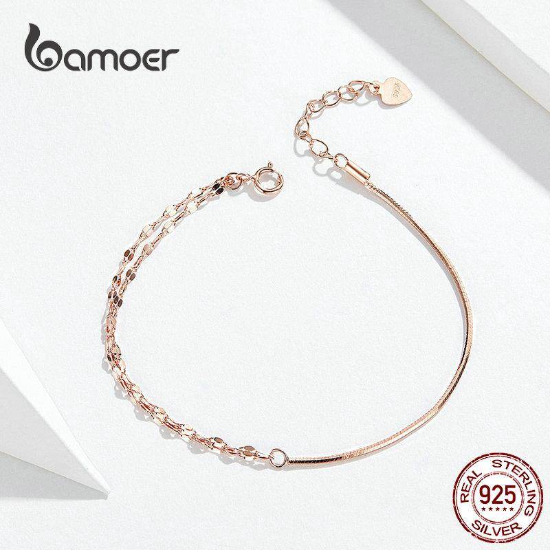 BAMOER Vòng Tay Bạc Màu Vàng Hồng Cơ Bản Hộp Cáp Vòng Tay Khóa Tôm Hùm Dây Xích Trang Sức Bạc Ý Phù Hợp Với Joker SCB149