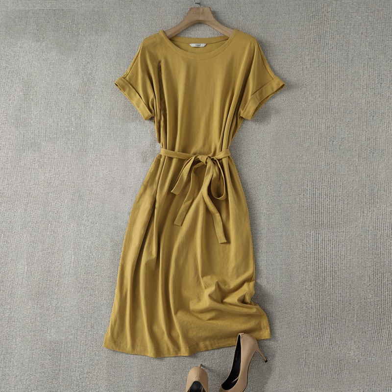Plus Size Dress Women Korean Style O-neck Summer Knee Length Cotton Solid Color Doll Sleeves Ladies Clothing Loose Casual Female Belt A-Line Dresses