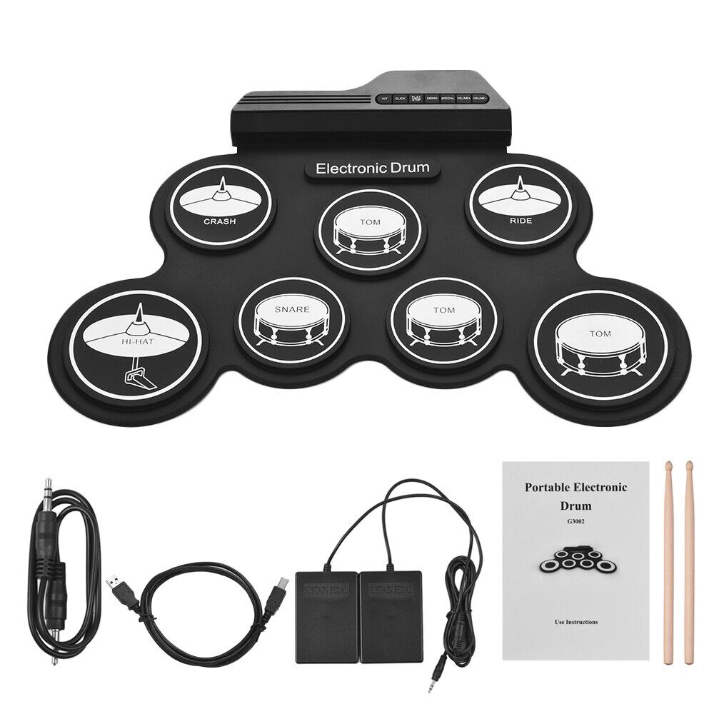 Trống Bộ Trống điện tử kích thước nhỏ gọn USB gấp Silicon đệm trống kỹ thuật số Bộ trống điện tử 7-Pad với bàn đạp chân có dùi trống