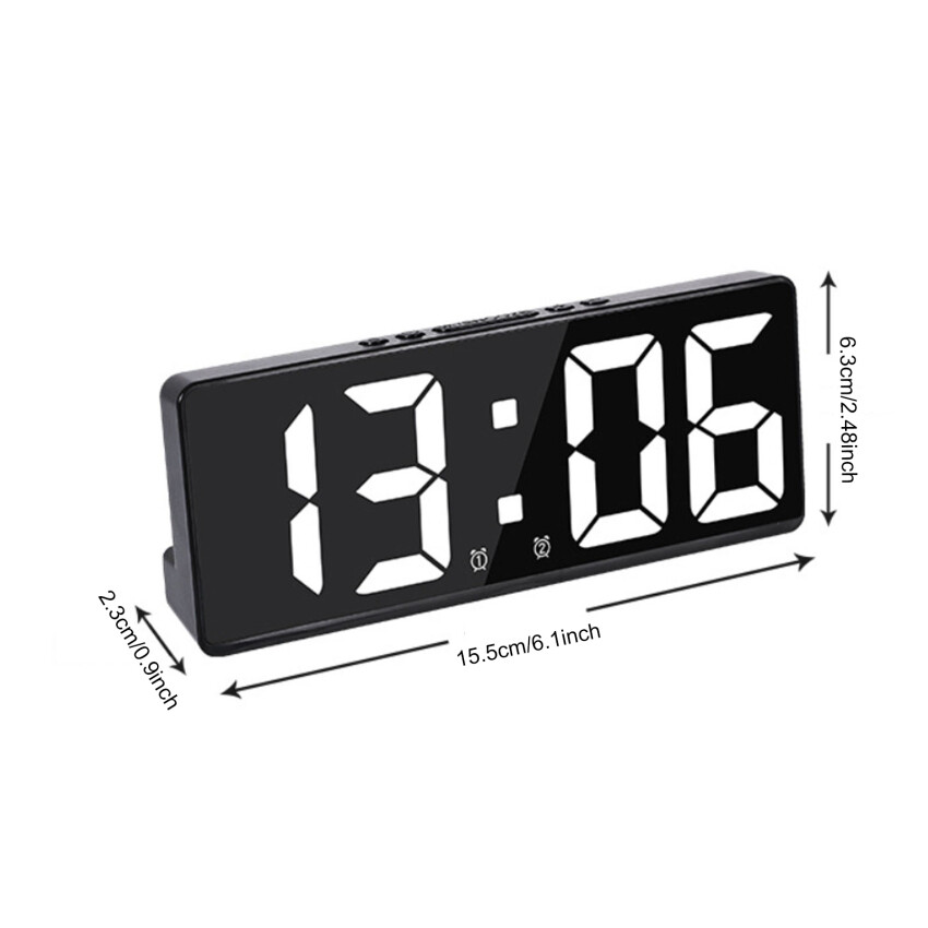 LED Mirror Large Screen Digital Clock Alarm Temperature Date Display 12/24H Anti-Disturb Multifunctional Bedroom Bedside Clock