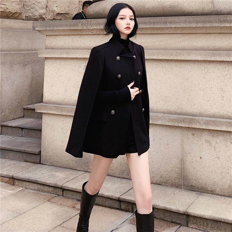 Winter Korean 2023 New Black Cloak Coat Loose Stand Collar Long Woolen Coat Female Solid Color Loose Streetwear Coat for Ladies