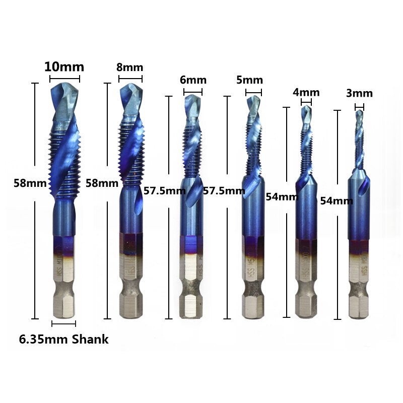 Ashowner 6Pcs M3-M10 Hex Shank Titanium Plated HSS Screw Thread Metric Tap Drill Bits Screw Machine Compound tap Hand Tools