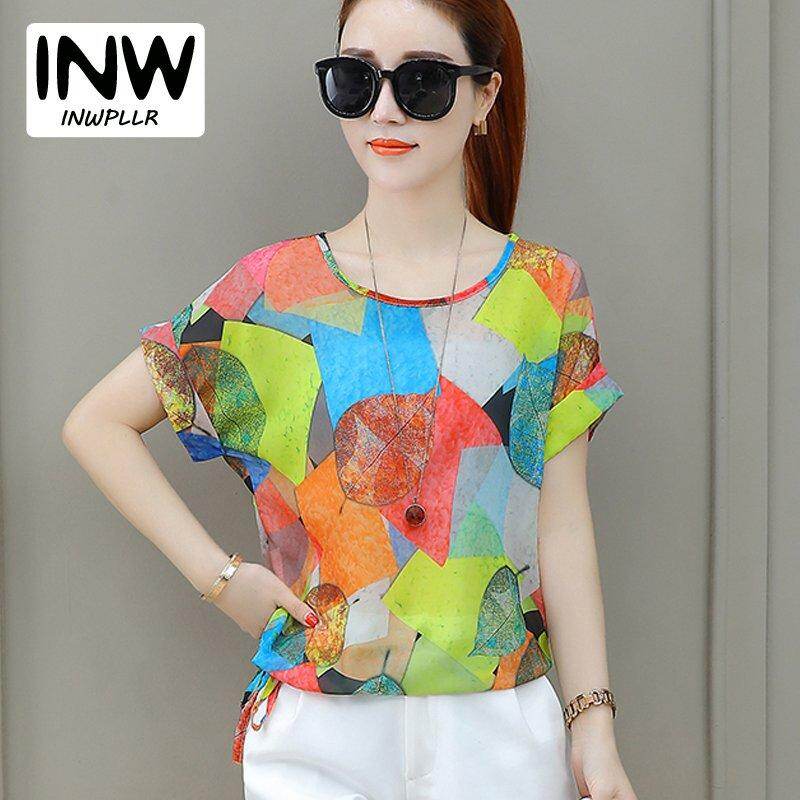 INWPLLR New Fashion Women Tops Summer Short Sleeve Chiffon Blouse Casual Geometric Print Shirts Women Korean Style Women Blouses