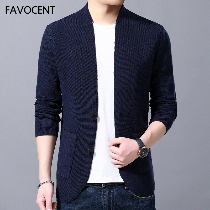FAVOCENT Men Wool Cardigan Fashion Slim Knitted Sweater Coat