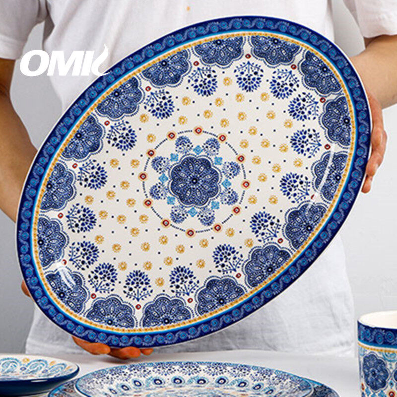 Omk màu xanh talavera loạt gốm 14 inch hình chữ nhật đĩa phẳng để thức ăn Salad món tráng miệng khay đĩa