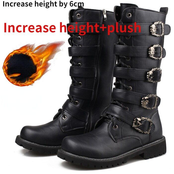 Large Sizemen's Leather Motorcycle Boots Mid-Calf Military Combat Boots Gothic Belt Punk Boots Men Shoes Tactical Army Boot 2021