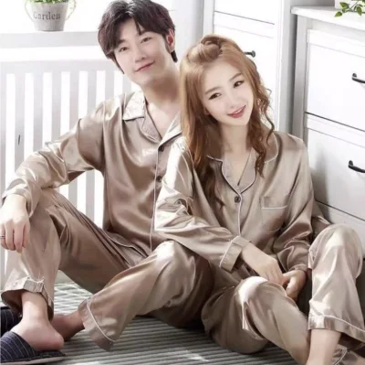 ready stock Unisex Couple Pajamas Pyjamas Women Men Baju Tidur Sleepwear Nightwear Sexy satin silk