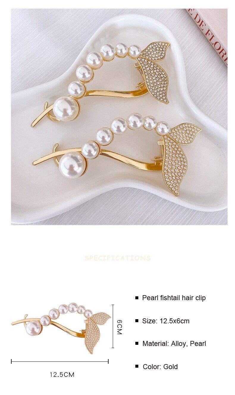 Fashion Pearl Rhinestone Mermaid Fishtail Metal Curved Hair Clip for Women Elegant Large Hair Claw Clamp Headwear Hair Accessories