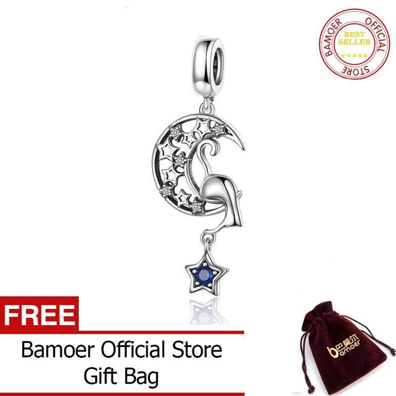 Bamoer new vintage moon and star cat pendant charm fit for bracelet necklace 925 sterling silver fine jewelry scc1205