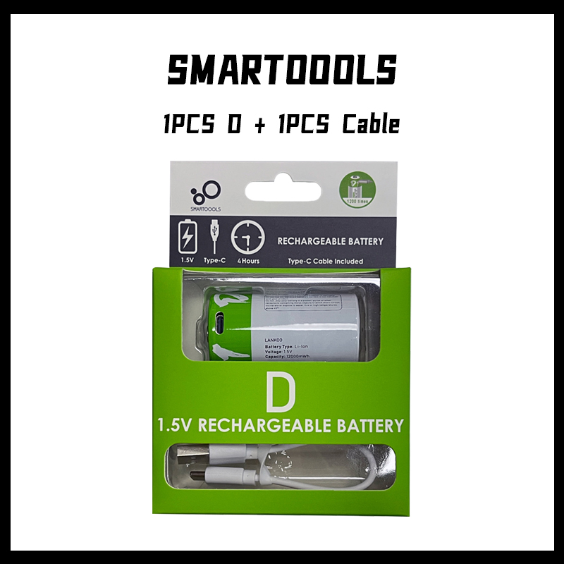 USB Rechargeable D Size Lithium-Ion Batteries – 12000mWh, 1.5V, 4-Pack With Charging Cable