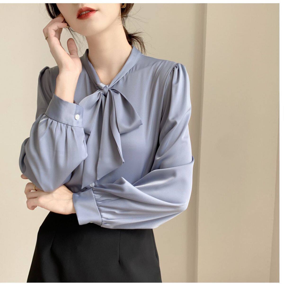 Bowknot Shirt Women's Long-sleeved Chiffon Tops