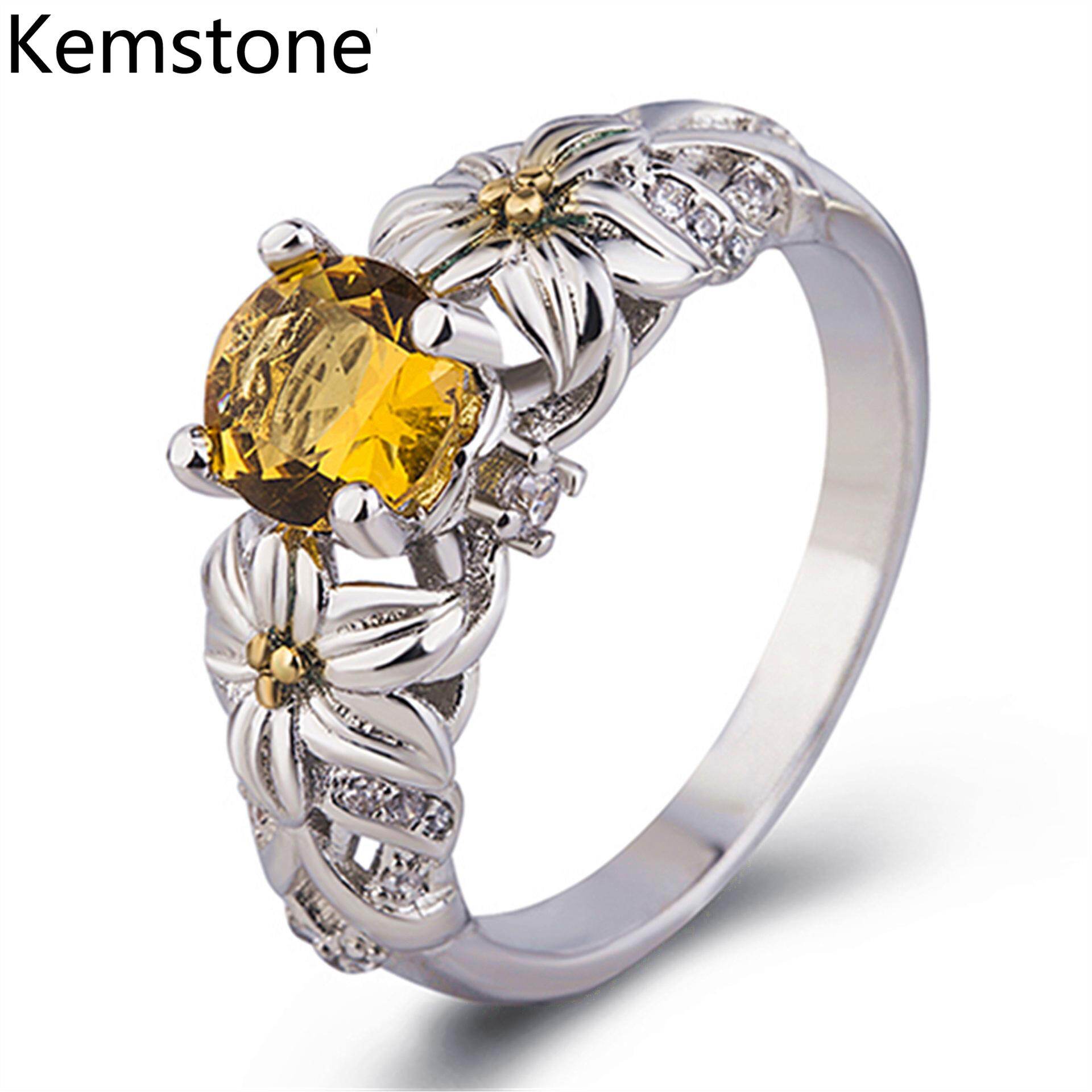 Kemstone Silver Color Yellow Rhinestone Sunflower Rings Fashion Engagement Rings for Women