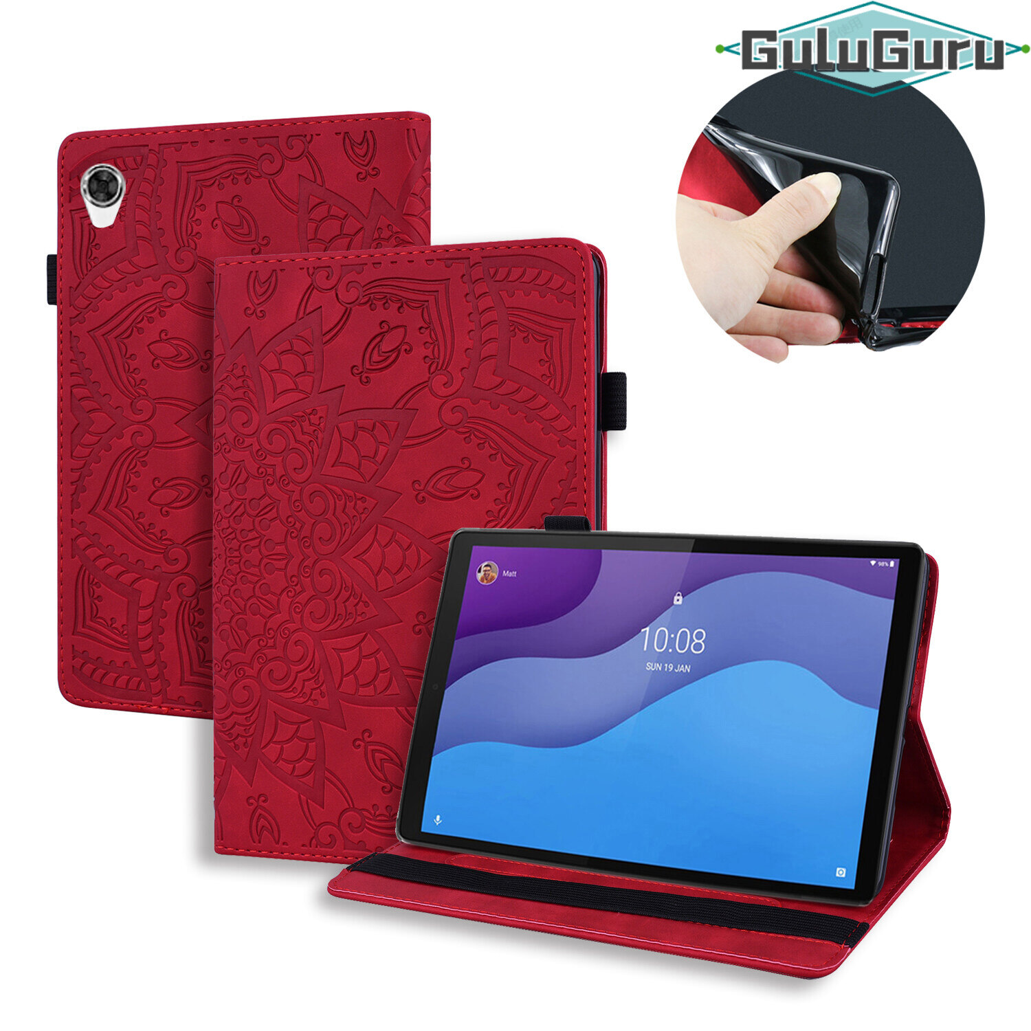 for Lenovo Tab M10 HD Gen2 (2020) 10.1" TB-X306F Tablet Leather Case, Matte Skin Feel 3D Relief Floral Embossed Folio Fold Cover, Card Slot Pencil Holder, Flexible TPU Soft Inner Shell, Kickstand, Anti-loss Band