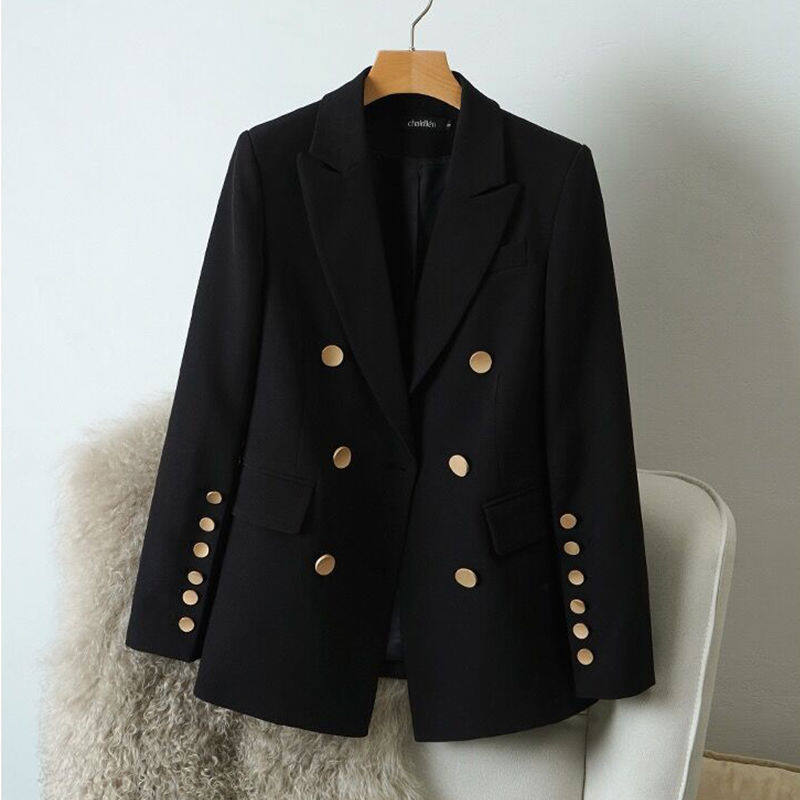 Áo Khoác Blazer Nữ Hai Hàng Khuy Trang Phục Đường Phố Bộ Đồ Nữ Dài Tay Dáng Ôm Mùa Thu, Áo Khoác Ngoài Áo Khoác Blazer Nữ Thường Ngày Màu Đen