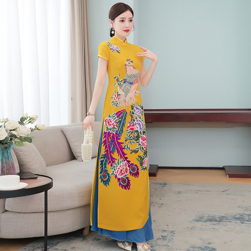 Dress 2022 New Chinese Style Cheongsam Embroidered Evening Dress Ao Dai Model Group Catwalk Performance Chorus Dress