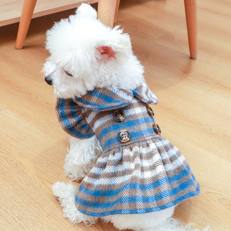DY Loving Dog Clothes Shihtzu Clothes Ladylike Princess Woolen Dress for Dog Female Ruffle Sleeves Double Breasted England Lattice Pretty Skirt for Small Pets