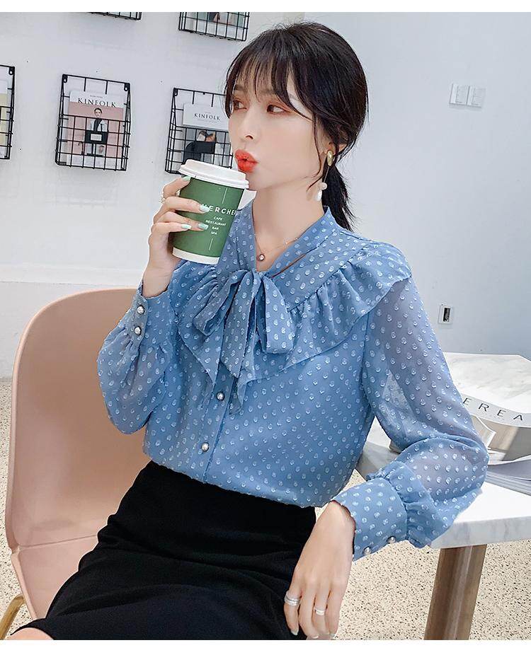 REHIN Women long sleeve shirt Korean version Ruffle splice Wave point chiffon blouse