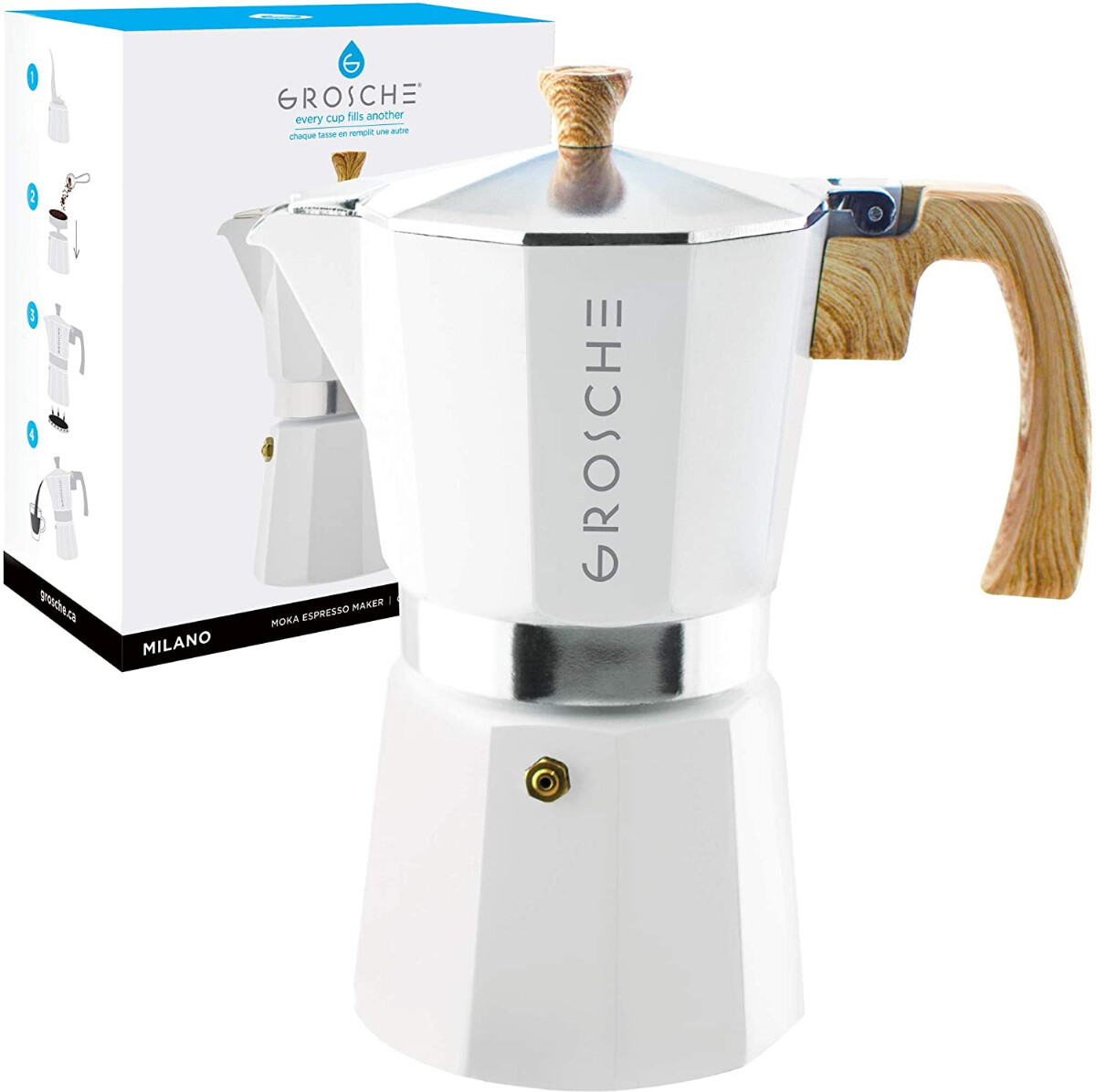 GROSCHE Milano Stovetop Espresso Maker Moka Pot 9 espresso Cup- 15.2 oz, White - Cuban Coffee Maker Stove top coffee maker Moka Italian espresso greca coffee maker brewer percolator White 9 cup