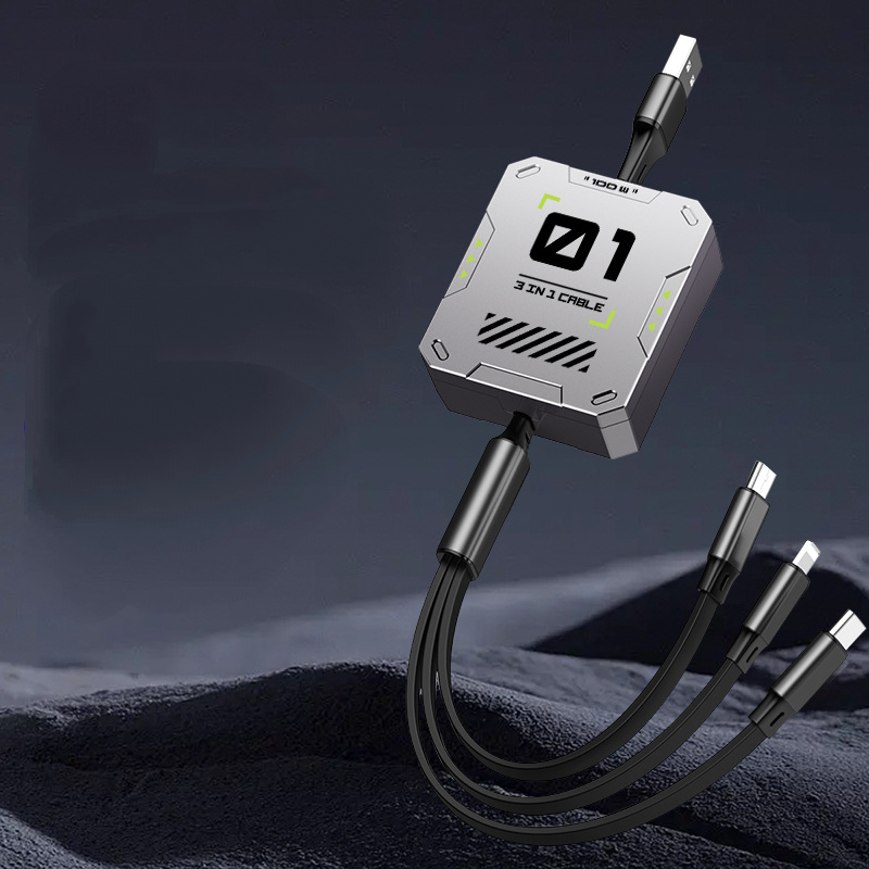 6A Super fast-charging retractable three-in-one data cable One-to-three fast-charging mecha wind charging cable