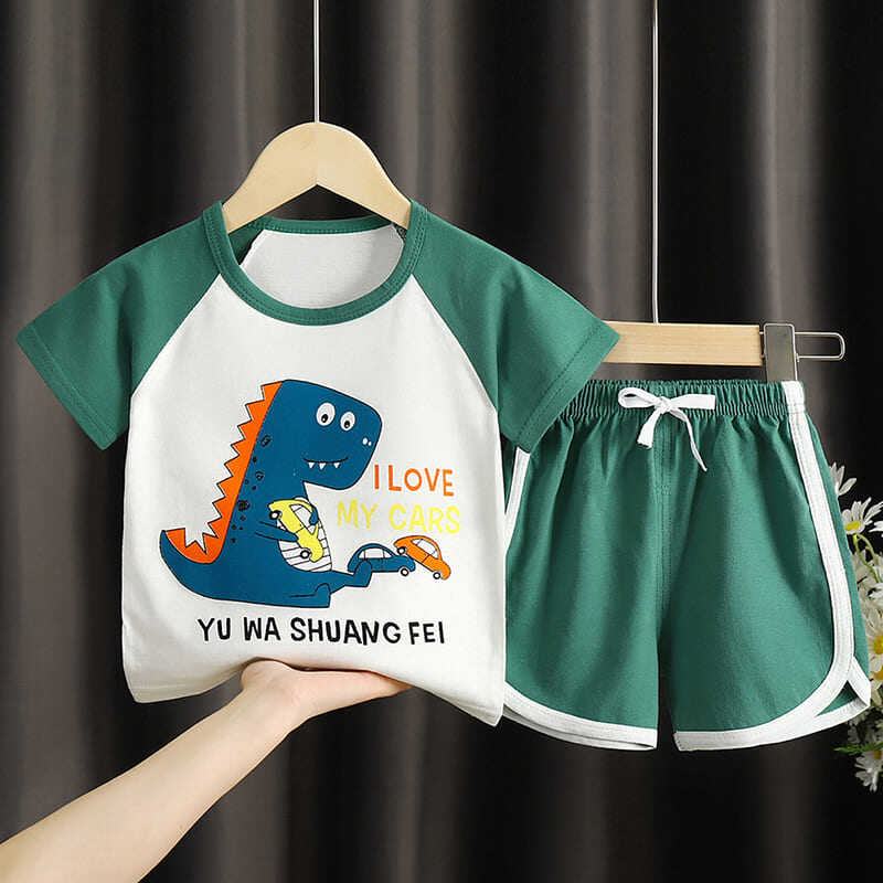 2Pcs / Set T-Shirt + Pants Cute Dinosaur Soft Cotton Baby Girls Boy Clothing Summer Short Sleeve Round NeckTwo-piece Set Children's New T-shirt Clothing Suit