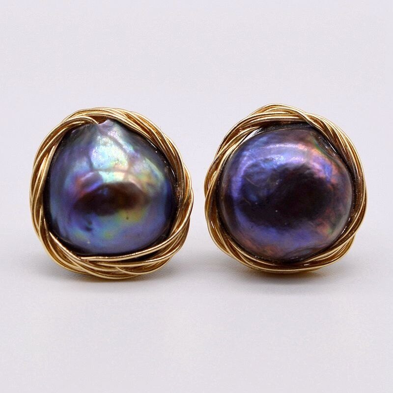 Black Pearl Stud Earrings Natural Freshwater Pearl Gold Stud Earrings Black Blue Pearl Gold Braided Women's Stud Earrings