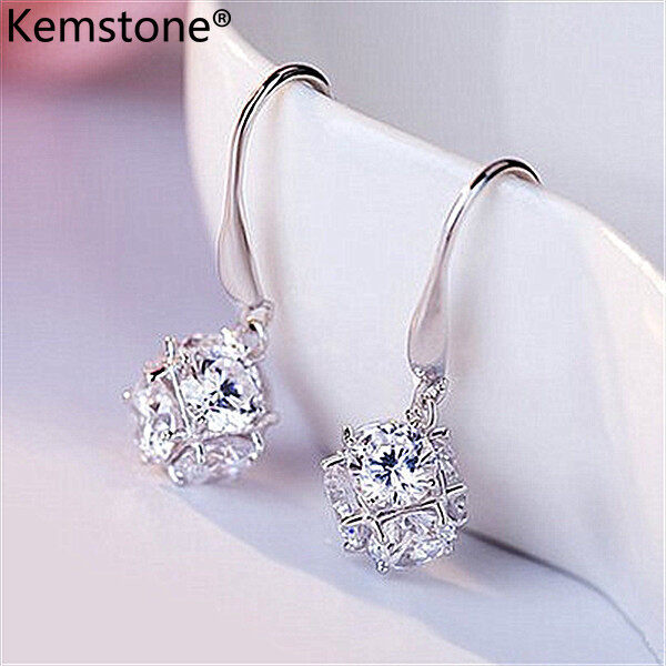 Kemstone Silver Plated Hook Six Sides Crystal Ball Dangle Earrings Female Women Jewelry Gift