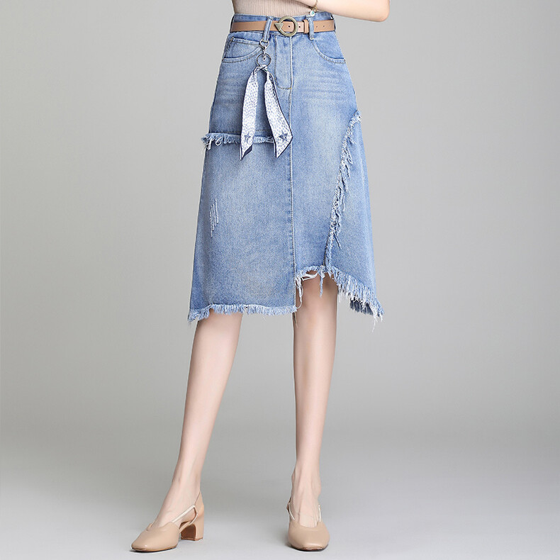 Irregular raw edge denim skirt female spring and summer  new high waist Korean mid-length large size wrap arm skirt