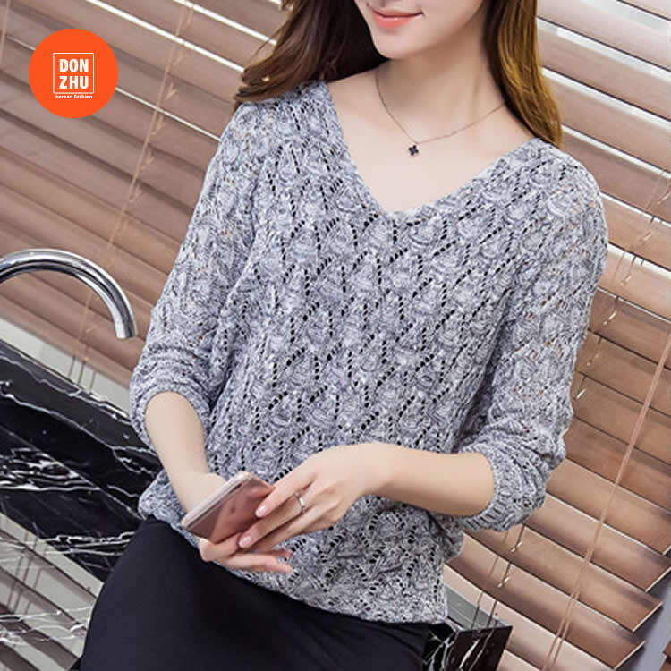 V-Neck Knitted Shirt Long Sleeve Tops 