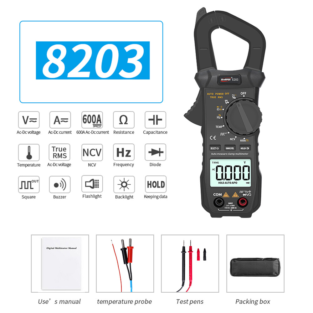 SMART SENSOR Portable Pocket Multimeter 6000 Counts True RMS Digital Clamp Meter with Square Wave Output
