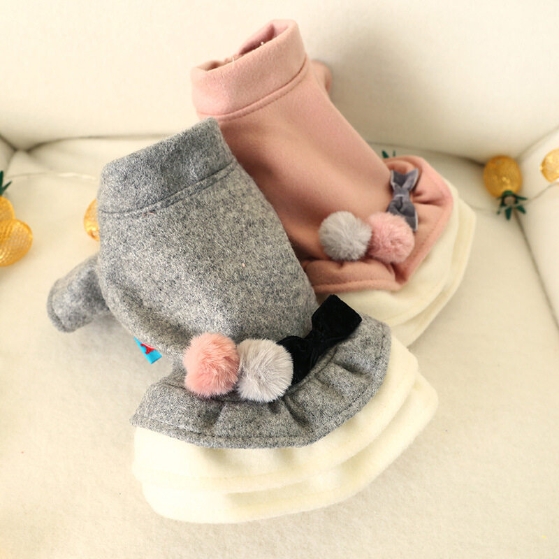 Kakaoppa 2 Màu Sắc Quần Áo Chó Mèo Quần Áo Mùa Thu Mùa Đông Giữ Ấm Len Cardigan Dress Với Double Quả Bóng Sang Trọng Và Bowknot Con Chó Ăn Mặc Cho Nữ Bông Shintzu Pomeranian Chow Chow Mèo