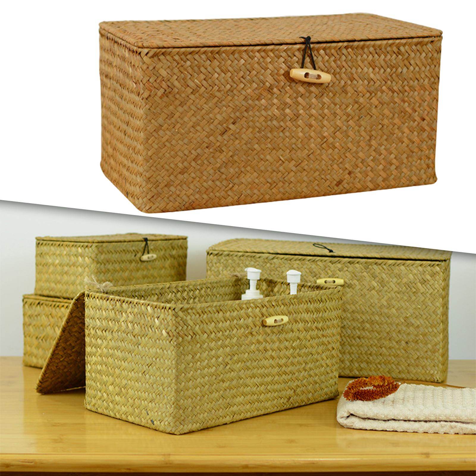 Baoblaze Wicker Baskets with Lids, Nautral Seagrass Storage Baskets, Woven Rectangular Basket Bins, Rattan Storage Organizer for Shelf