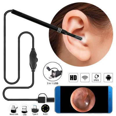 3 in 1 USB Ear Cleaning Endoscope HD Visual Ear Spoon Earpick With Mini Camera 5.5mm 6 Adjustable Light Endoscope for Android Mobile Phone Laptop