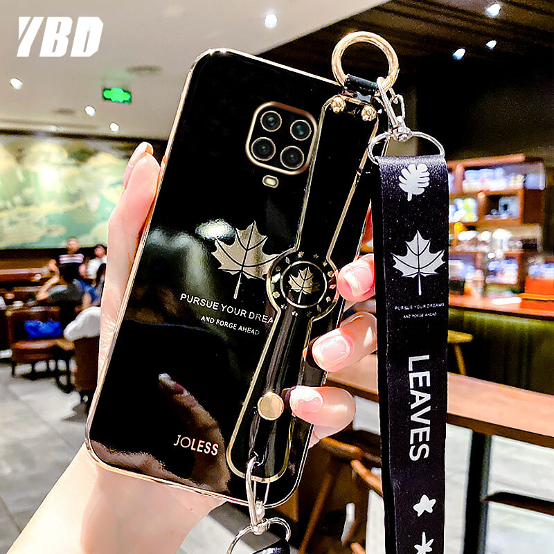 Ybd dây đeo cổ tay chủ vỏ điện thoại cho Xiaomi Redmi Note 9S 10 Lite Note 9 Pro Max mạ vỏ Lưu ý 9 Pro chính xác máy ảnh bảo vệ trường hợp Maple hoa văn hình lá bìa với dây đeo miễn phí