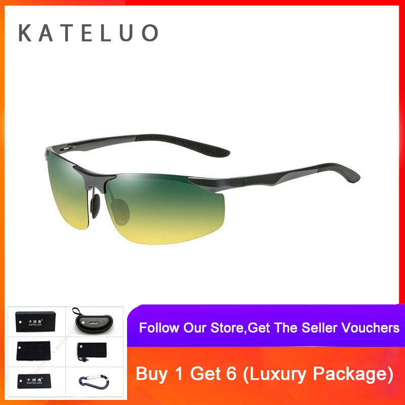 KATELUO Day Night Vision Goggles Anti-glare Glasses for Driving Men's Polarized Sunglasses Rimless Sunglasses for Men 8179