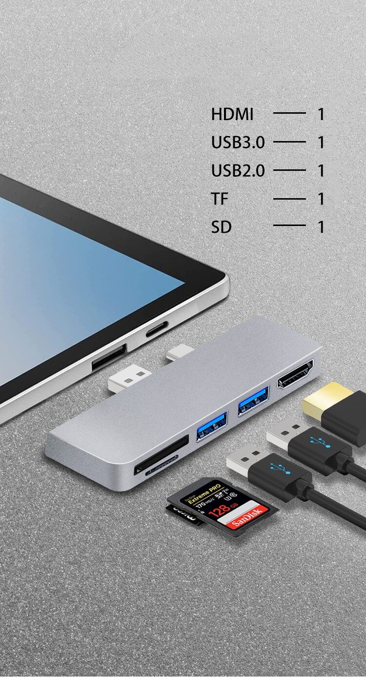 For Surface Pro 7/7+ USB C Hub, 5-in-1 Aluminum with 4K HDMI Adapter+ USB C