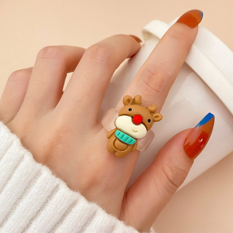 Cartoon Christmas Resin Ring Ladies Elegant Ring For Woman Christmas Cute Santa Claus Elk Snowman Xmas Tree Delicate New Year Jewelry Lovely Gift